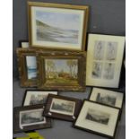 Box of assorted furnishing pictures, some of Welsh interest, costume studies, watercolour signed