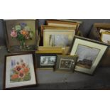 Box of modern furnishing pictures, watercolours, some of Welsh interest, prints etc. (B.P. 21% +