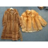 Two vintage fur items; a brown mink fur coat with belt and square button detail to cuffs, together