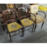 Pair of Edwardian walnut spindle serpentine upholstered bedroom chairs, together with a mid