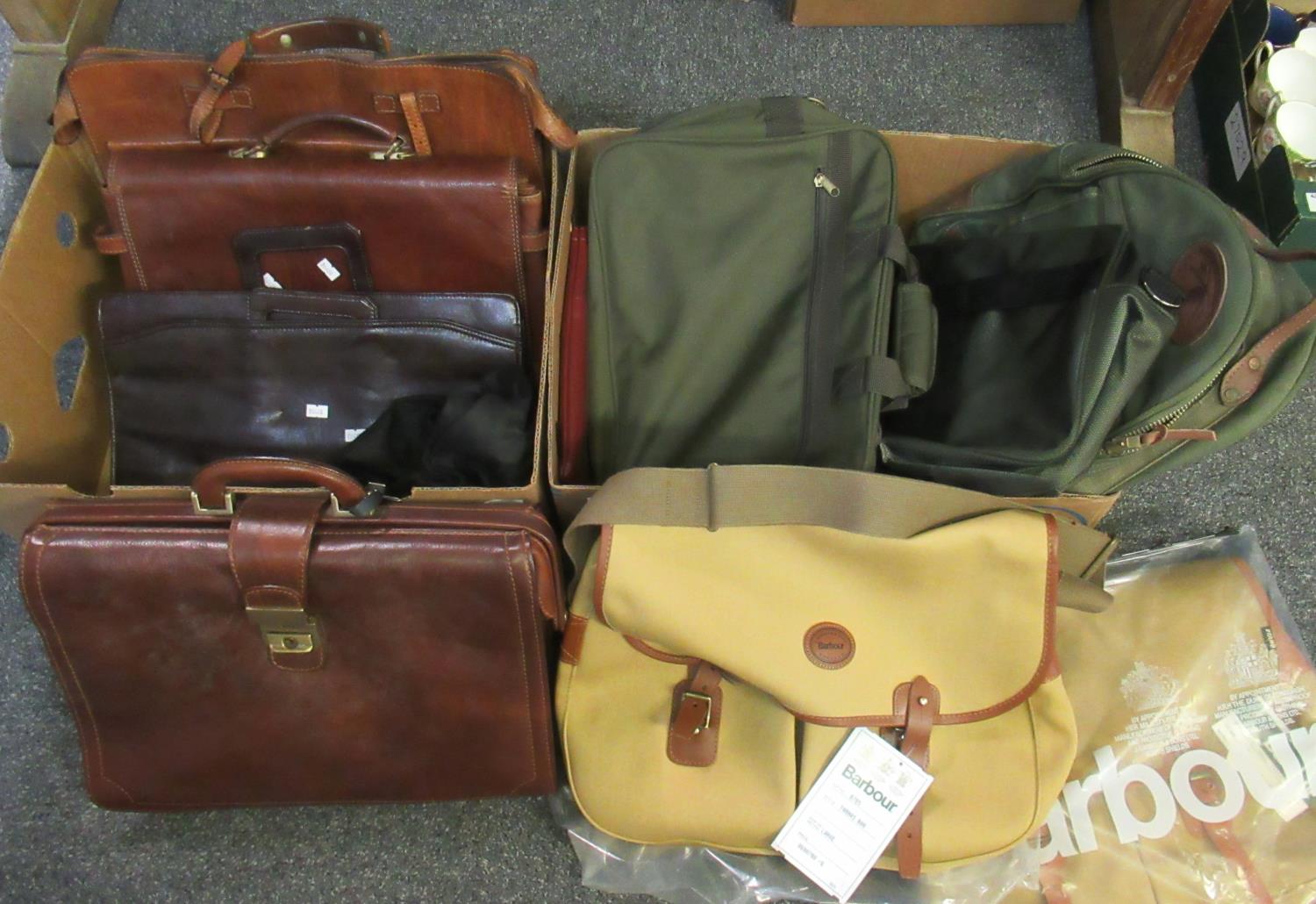 Two boxes of vintage mens bags to include; leather briefcases, four by 'The Bridge', one