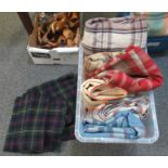 Box of assorted textile items to include; check woollen blankets, woollen tartan fabric. (9) (B.P.