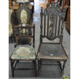 Edwardian stained bobbin back bedroom chair, together with a late Victorian carved oak hall hair