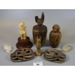 Group of modern tourist type Egyptian style creatures and objects including scarab beetle,