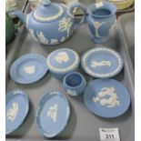 Tray of Wedgewood Jasperware items to include; teapot, vase, various pin trays, trinket boxes,