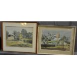 Peter Rhodes, 'Wittenham Clumps' and 'Magdalen tower from the Botanic Garden', signed, watercolours,