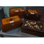 Four 20th Century boxes, all with inlaid decoration and velvet lined interiors, one oak and