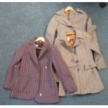 Three vintage 70's woollen jackets; one with purple stripe and two identical pale blue, brown and