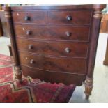 Victorian mahogany bow front chest of two short and three long drawers, flanked by pilasters and