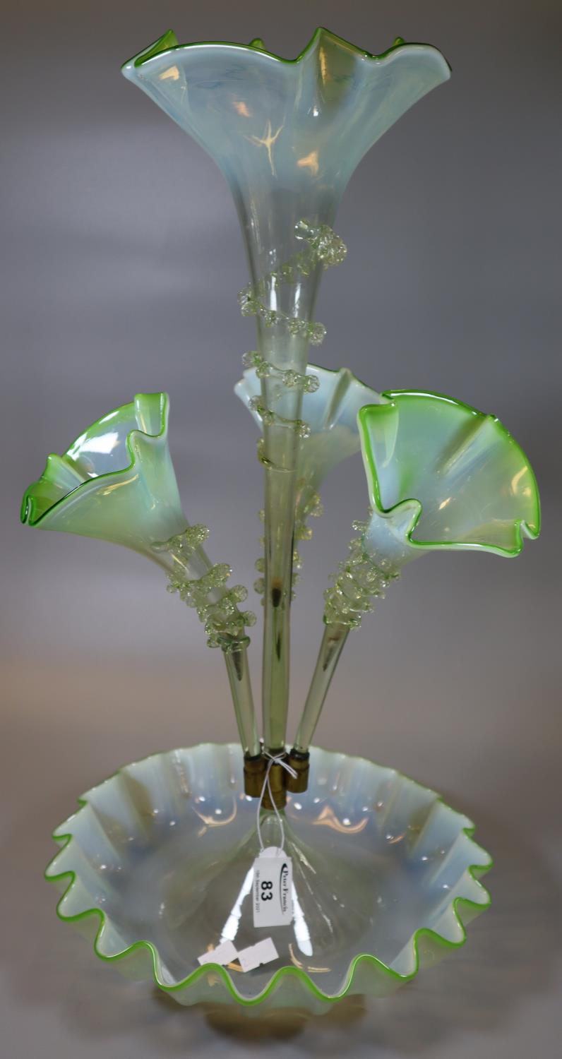 Victorian vaseline glass four-branch epergne. 50 cm high. (B.P. 21% + VAT) No obvious damage.