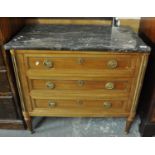French design probably satin wood marble top straight front chest of three drawers on tapering legs.