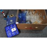 Box of glassware to include: blue glass tumblers of various sizes, painted glass ashtray, liqueur