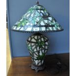Modern Tiffany style table lamp with conical shade and baluster base, decorated with birds,