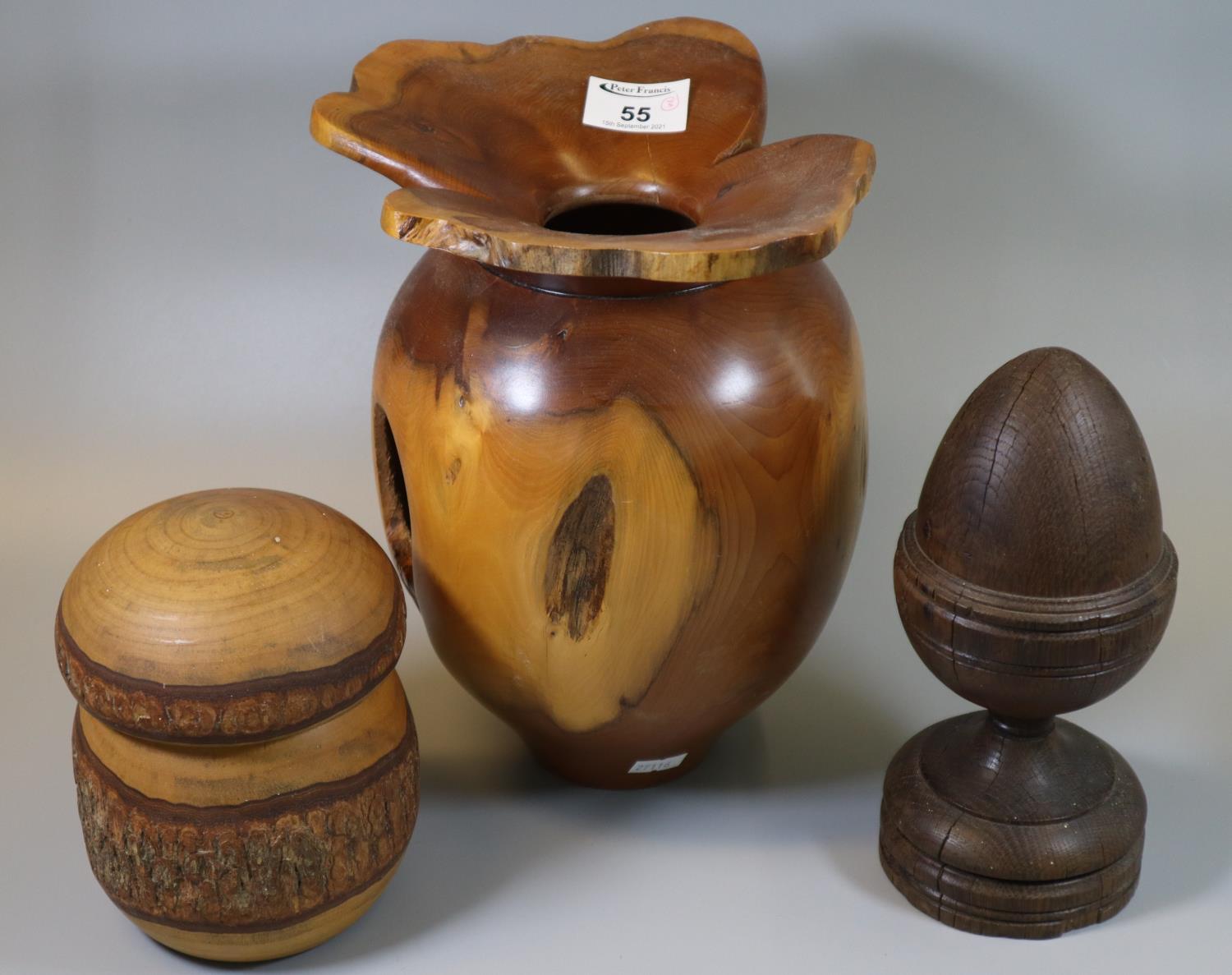 Collection of treen items to include a turned yew wood baluster-shaped bowl, signed John de Filippo,