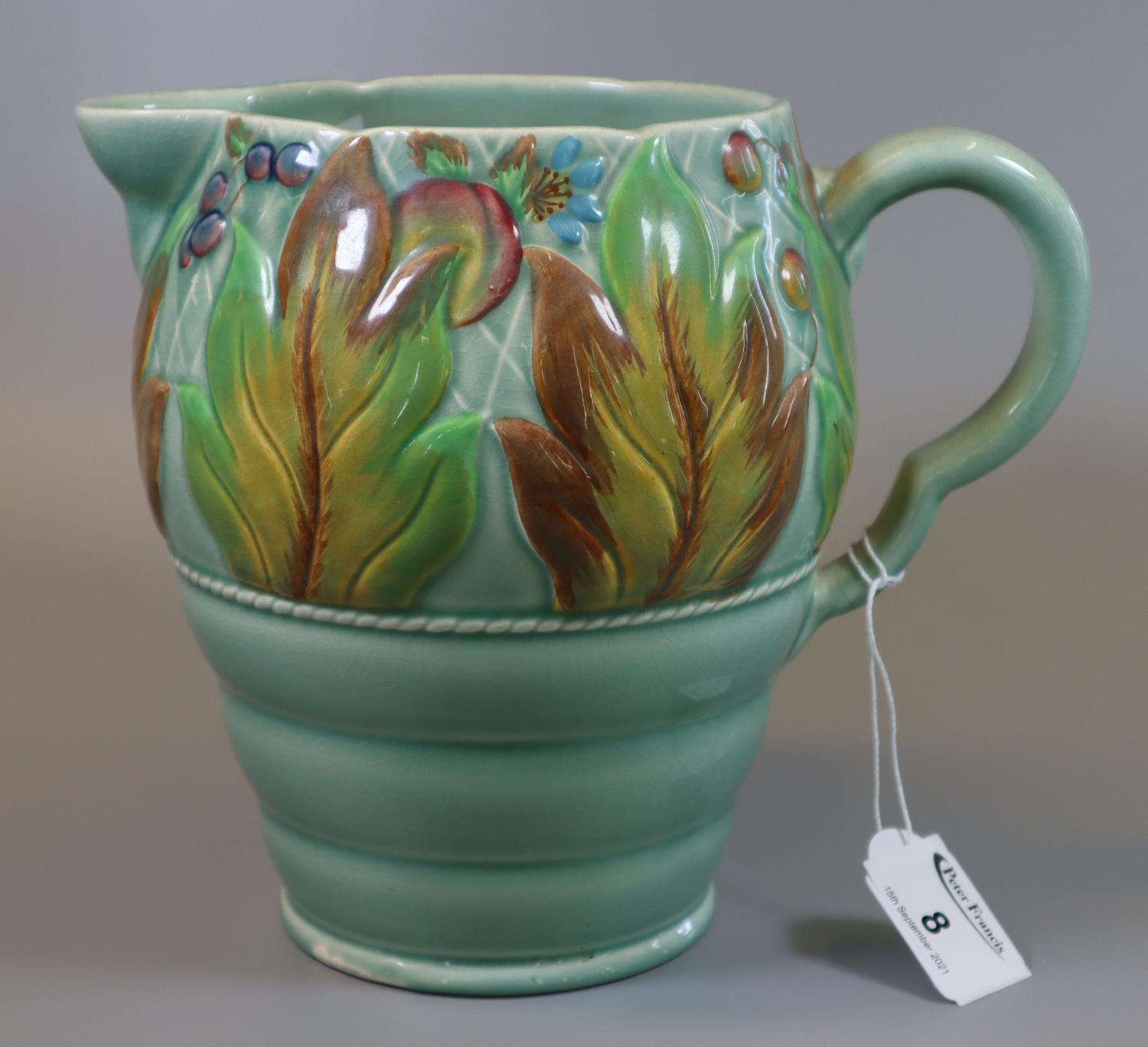 Mid Century Clarice Cliff for Newport Pottery Art Deco style jug in the Celtic leaf and berry