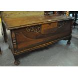 Early 20th century mahogany and mixed woods trunk or blanket box on shaped frieze and baluster feet.