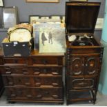 Early 20th Century oak free standing gramophone with assorted vinyl LP's to include; Roxy Music,