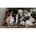 Two boxes of mostly china to include; a continental porcelain floral design shallow centre bowl,