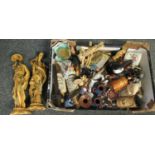 Box of assorted items to include; oriental figures, spice grinder, Greek style figure, ceramic