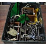 Metal box containing a large selection of antique and vintage keys and padlocks, one brass mortice