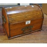 Tambour fronted, chest shaped box with brass carrying handles and brass handle to the drawer, the