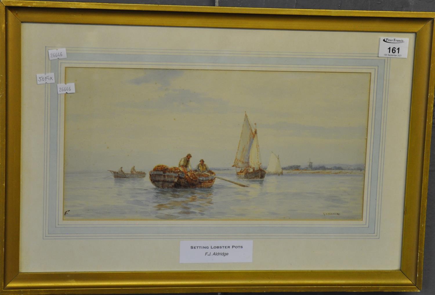 F.J Aldridge (British 19th Century), 'setting lobster pots', signed, watercolours. 20 x 39cm approx.