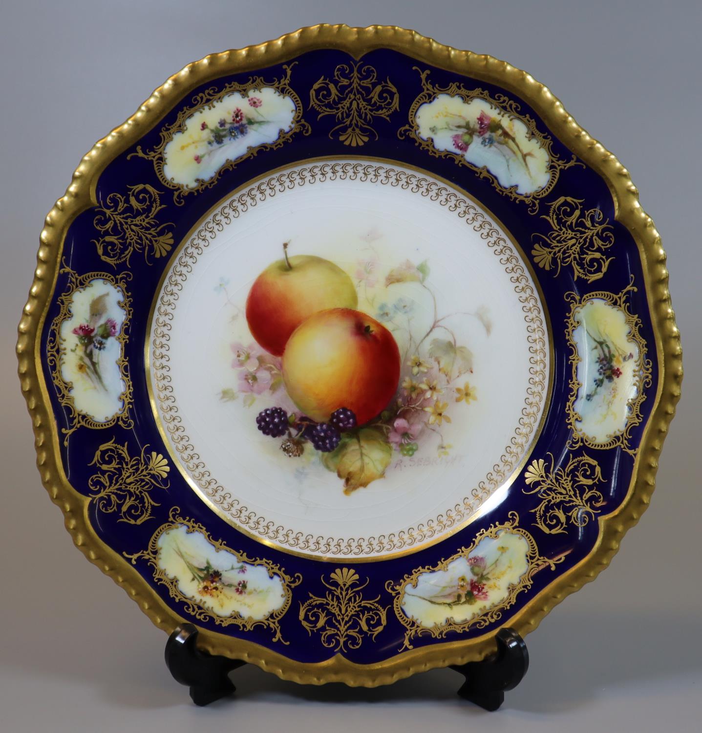 Royal Worcester porcelain cabinet plate hand painted with fruits and foliage with cobalt blue border