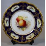 Royal Worcester porcelain cabinet plate hand painted with fruits and foliage with cobalt blue border
