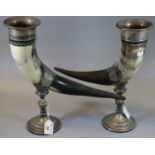 Pair of 19th century silver plated and horn 'Cornucopia' pedestal vases. 35 cm high approx. (B.P.