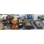 Three trays of assorted wooden items to include; various small boxes, novelty carved books with