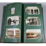 Interesting postcard album, various genres to include topographical, silks, WWI interest, coracle