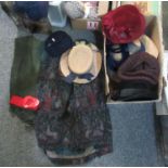 Two boxes of assorted vintage fashion accessories to include; various ladies hats, belt buckles,