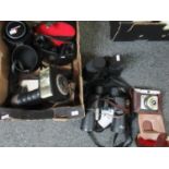 Box of assorted camera equipment and binoculars to include; Sakura 10x -70 x 70 zoom binoculars,