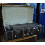 Vintage canvas metal and wooden banded travelling trunk, together with a leather vintage