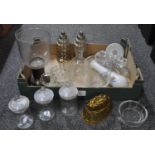 Box of assorted glassware to include: large beaten metal and glass candleholder, amber glass jelly