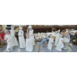 Two trays of assorted Spanish porcelain figurines to include; Nao and Lladro; three Lladro to