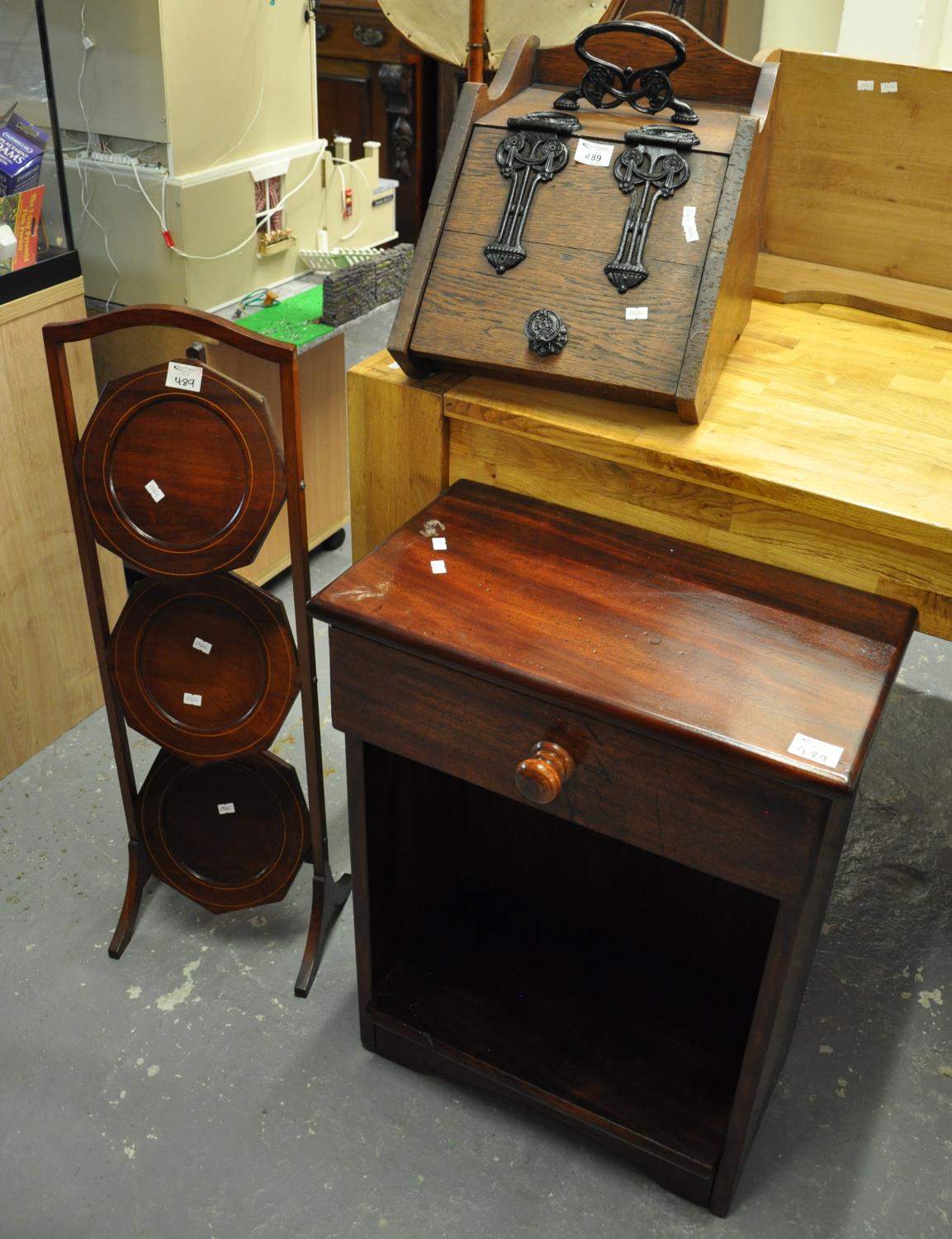 Three furnishing items to include; Edwardian three tier inlaid folding cake stand, gothic design oak