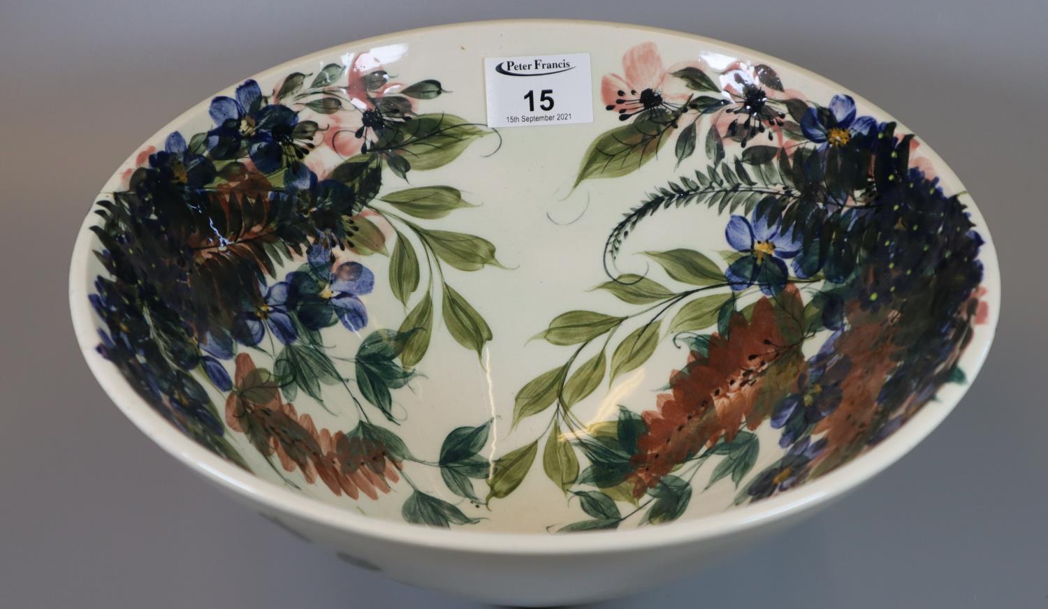 Modern Gwili Pottery hand painted floral and foliate bowl. 28cm diameter approx. (B.P. 21% + VAT)