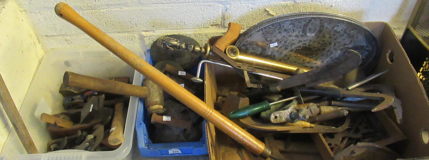 Collection of vintage and other tools to include; scythes, mallets, planes, silver plated tray