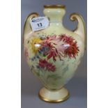Royal Worcester blush ivory two handled vase of baluster form decorated with spring flowers,