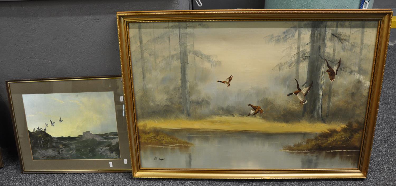 G Knight, duck flighting, oils on canvas, signed, together with another similar print. (2) (B.P. 21%