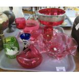 Tray of assorted glassware mostly cranberry glass to include; various bowls, hock glass, small