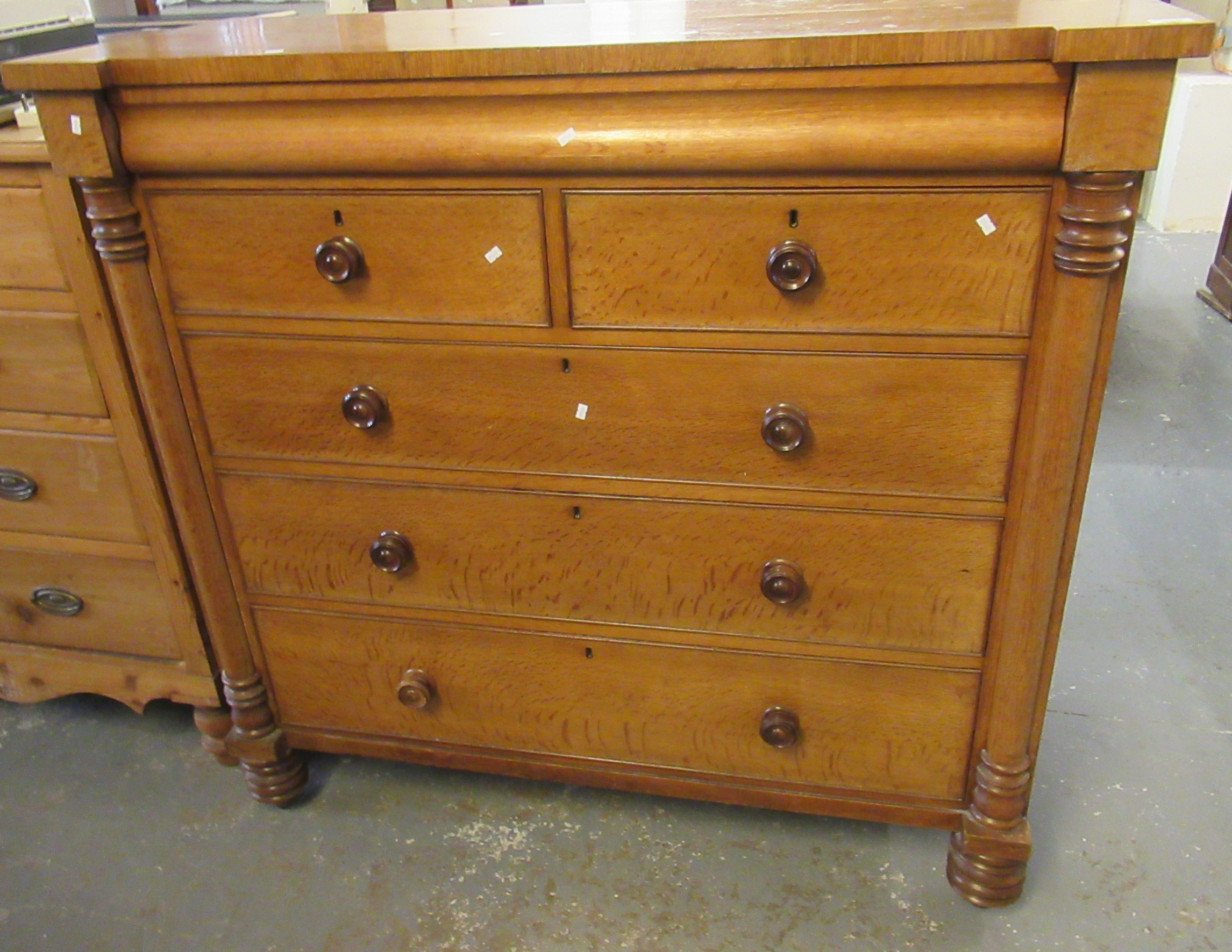 Victorian oak straight front chest of two short and three long drawers with pilaster supports and - Image 6 of 6