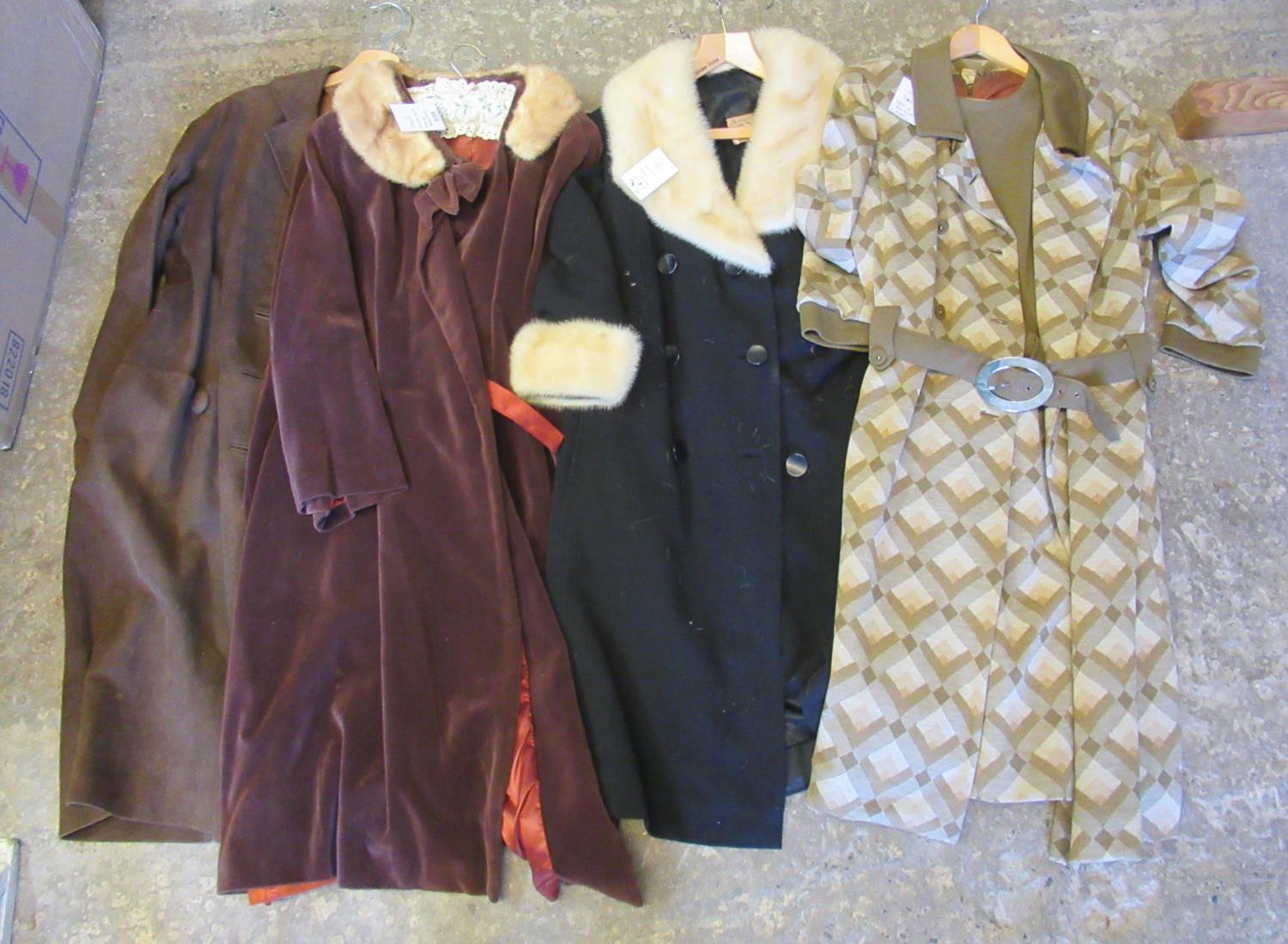 Four items of ladies vintage clothing to include; a brown suede leather coat, a 60's Bernard Russell