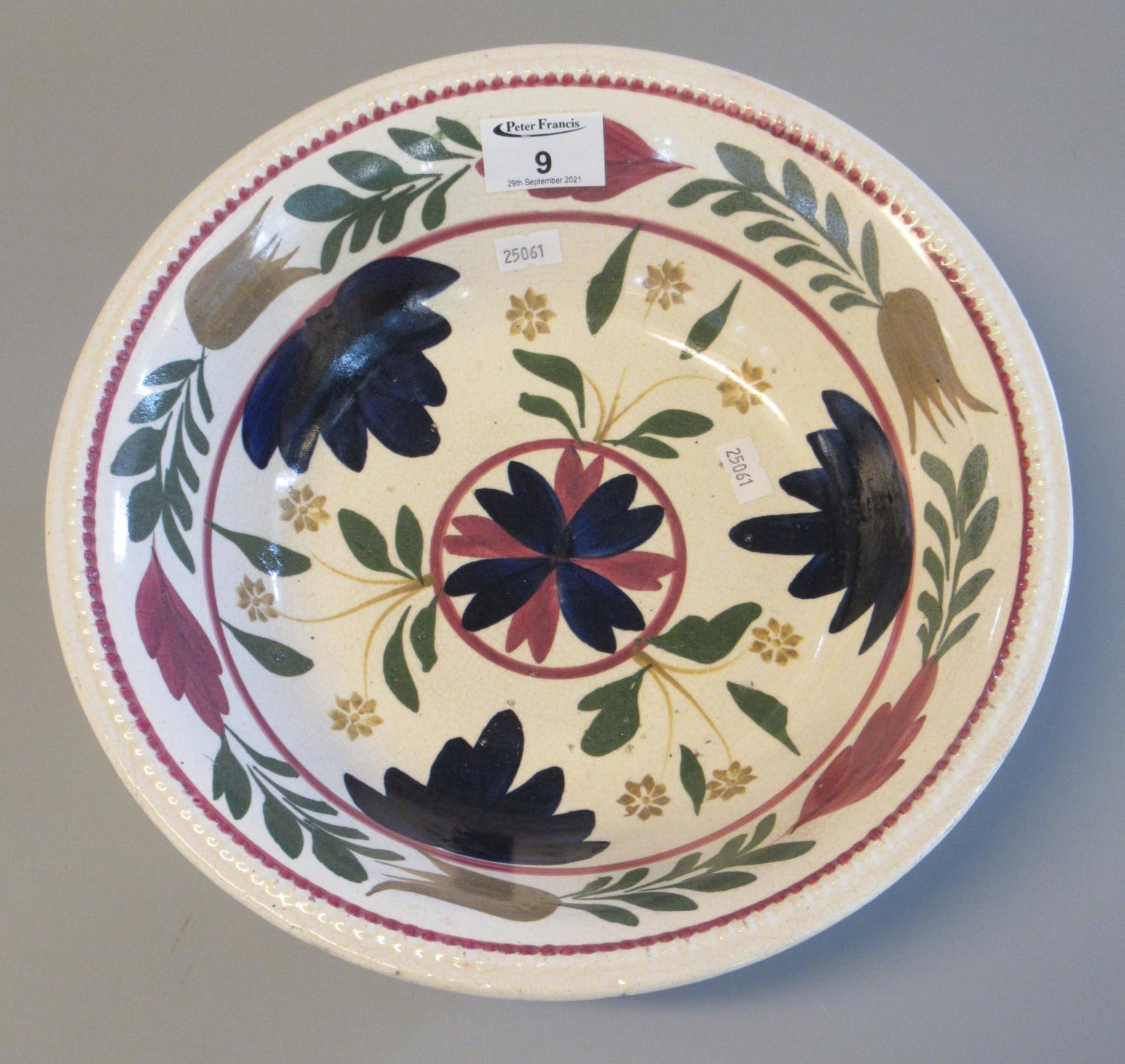 19th century Llanelly style circular bowl, hand painted with flowers and foliage. Unmarked. 29 cm