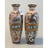 Pair of Chinese cloisonne vases of ovoid form decorated with multi-coloured stylised birds,