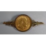 Gold full sovereign dated 1908, now converted to a brooch in 9ct gold (bar is not gold). (B.P. 21% +