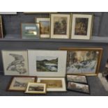 Group of assorted furnishing pictures to include landscapes, study of a Red Kite, Mollinson, 'Lake