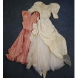 Vintage probably slub silk wedding dress with beaded floral detailing and tulle underskirt with