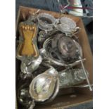 Box of EPNS and white metal items to include: two cut glass decanters in a white metal stand, copper